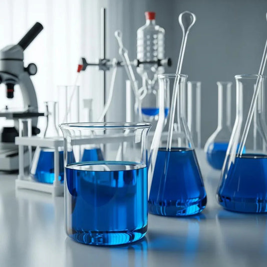 Vibrant blue liquid in laboratory glassware representing methylene blue's cognitive and anti-aging benefits
