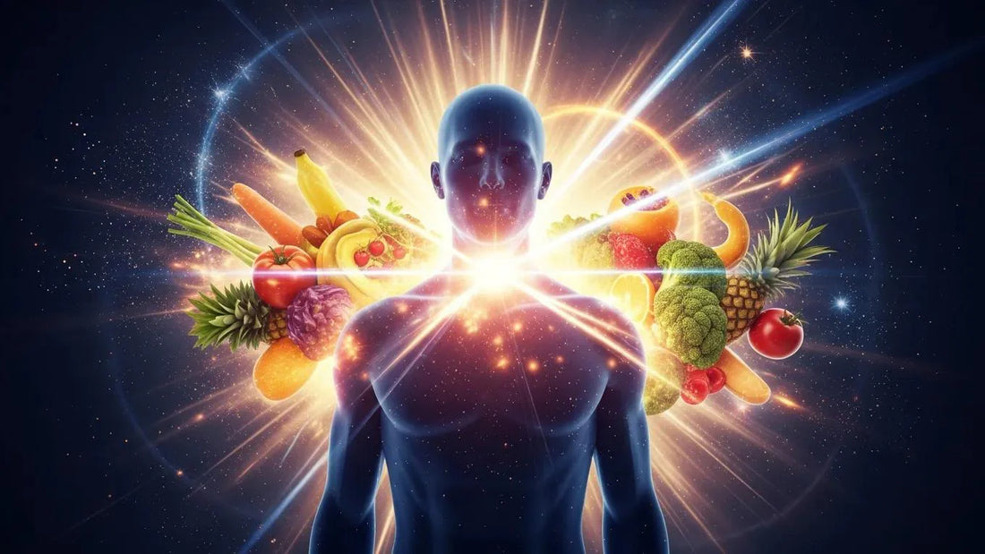 Vibrant human silhouette surrounded by energetic light bursts and healthy food symbols representing mitochondrial health