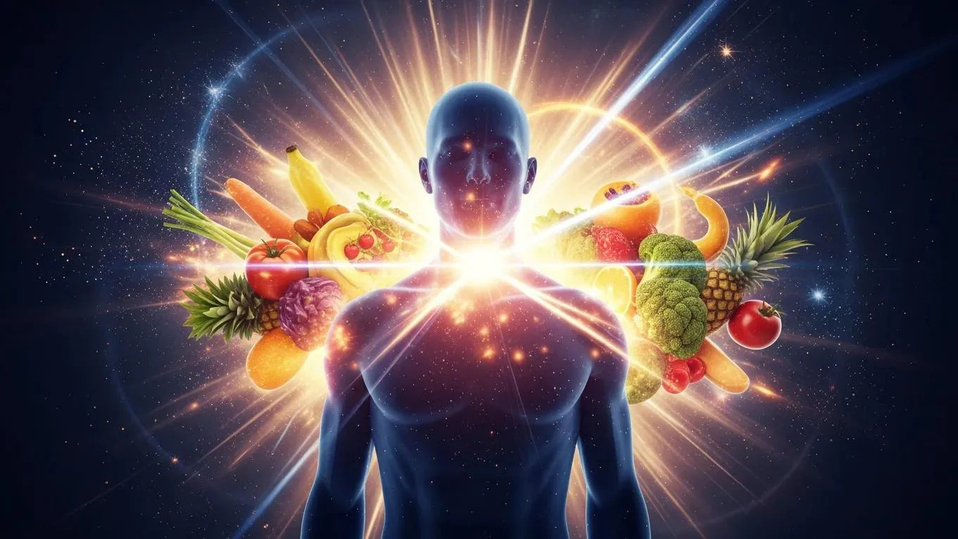 Vibrant human silhouette surrounded by energetic light bursts and healthy food symbols representing mitochondrial health