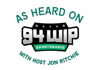 A centered radio station logo reading 'AS HEARD ON 94 WIP SPORTSRADIO' with 'WITH HOST JON RITCHIE' below, on a plain white background.