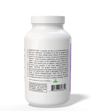 White supplement bottle with label on a white background