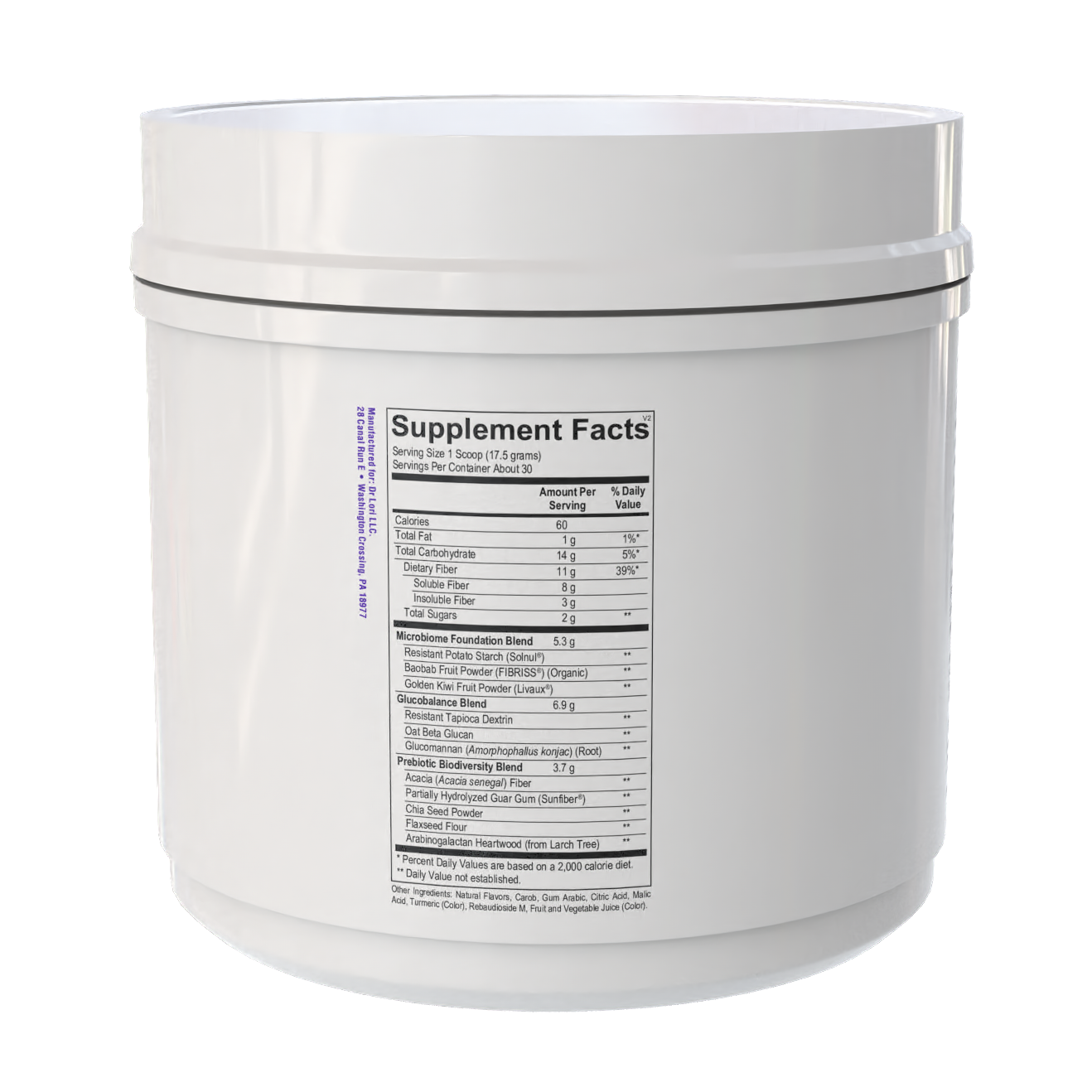 White supplement container with label on a white background