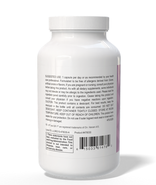 White supplement bottle with label on a white background