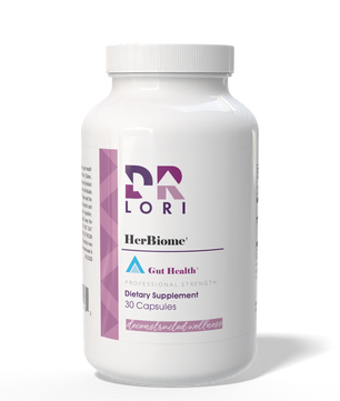 Supplement bottle labeled 'Dr. Lori HerBiome' on a white background