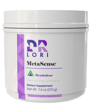 Supplement container labeled 'Dr. Lori MetaSense' on a white background