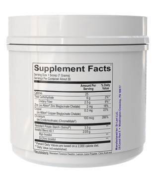 White supplement container with black label on a white background