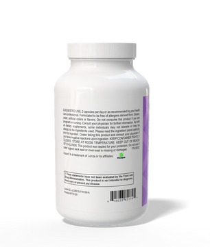 White supplement bottle with label on a white background