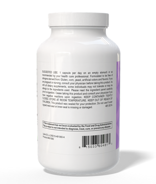 White supplement bottle with label on a white background