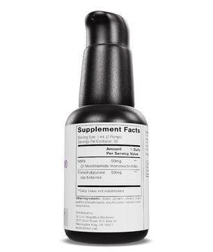 Black supplement bottle with label on a white background