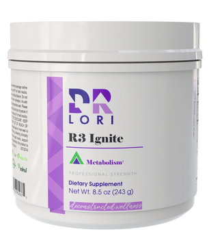 Supplement container labeled 'R3 Ignite' by Dr. Lori on a white background