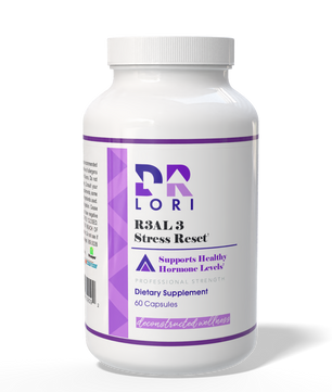 Supplement bottle labeled 'DR Lori R3AL3 Stress Reset' on a white background