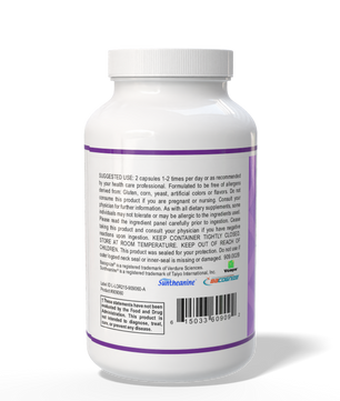 White supplement bottle with purple label on a white background