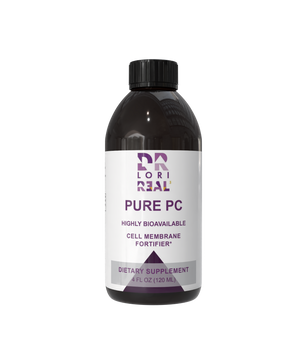 A 4 fl oz dark amber bottle of Lori Real Pure PC Cell Membrane Fortifier dietary supplement with a white and purple label, on a plain white background.