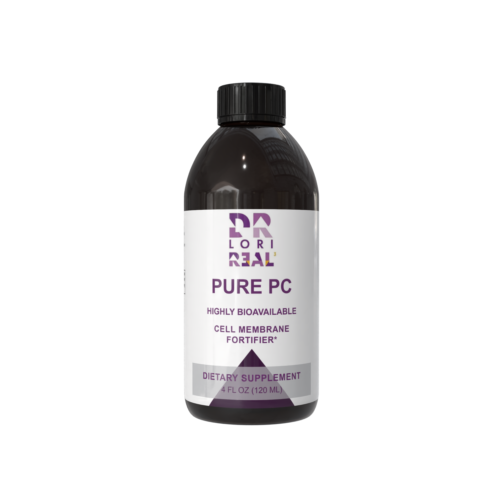 A 4 fl oz dark amber bottle of Lori Real Pure PC Cell Membrane Fortifier dietary supplement with a white and purple label, on a plain white background.