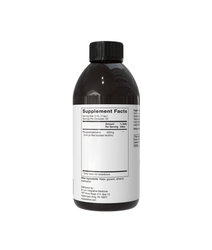 A dark amber supplement bottle with a black cap and a white label showing Supplement Facts, photographed on a plain white background.
