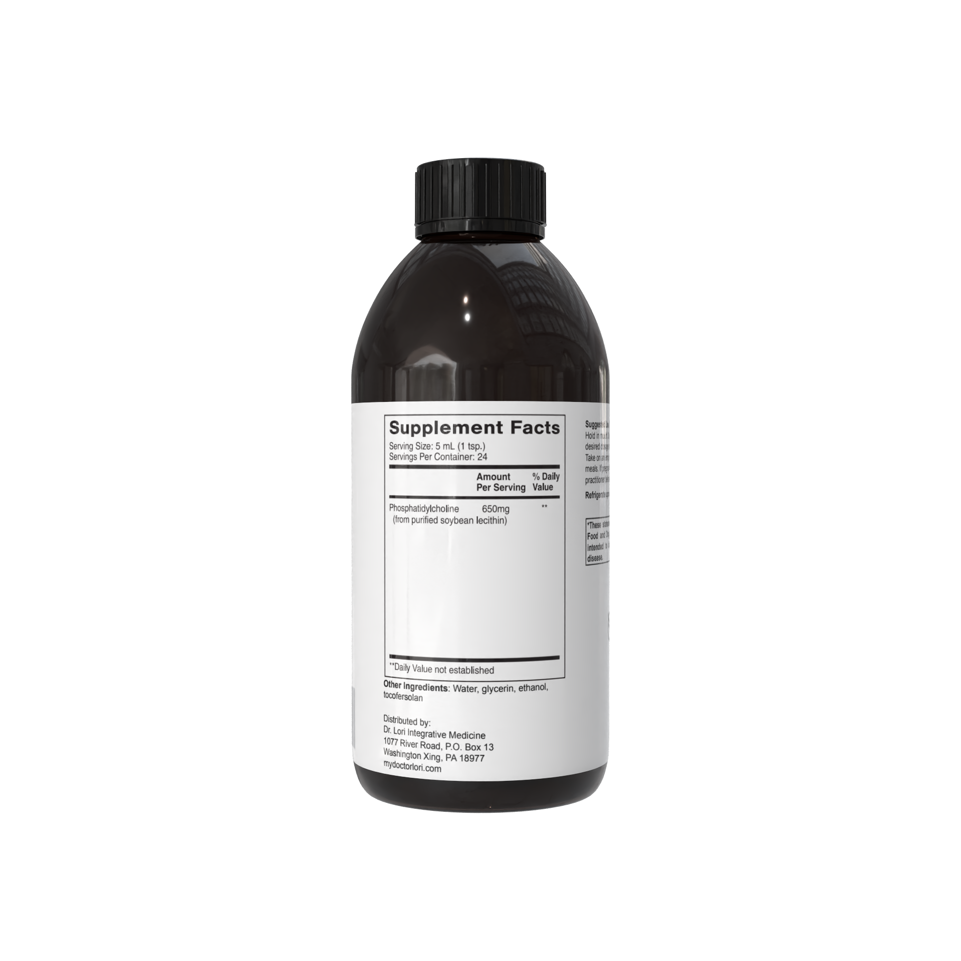 A dark amber supplement bottle with a black cap and a white label showing Supplement Facts, photographed on a plain white background.