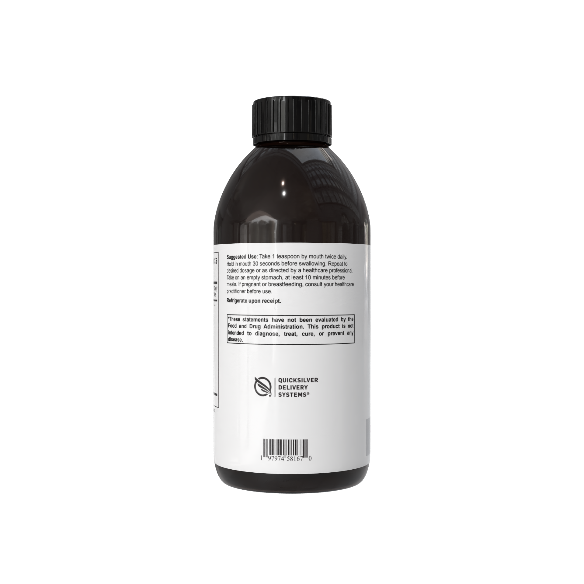 A dark amber bottle with a black cap and a white label, photographed from the back against a plain white background.