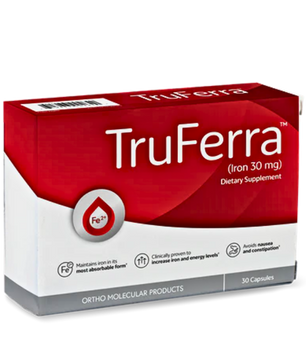 TruFerra dietary supplement box with red and white design on a white background