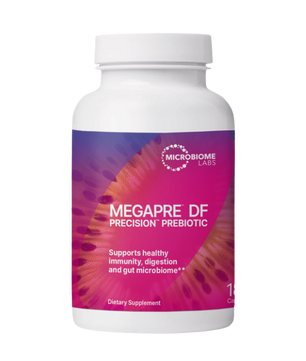 Supplement bottle labeled 'Megapre DF' by Microbiome Labs on a white background