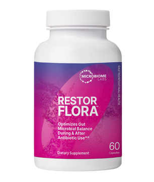 Supplement bottle labeled 'Restor Flora' by Microbiome Labs on a white background