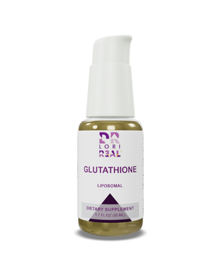 Bottle of Glutathione supplement with white cap on a white background
