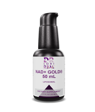 Bottle of Dr. Jori Real NAD+ Gold dietary supplement on a white background