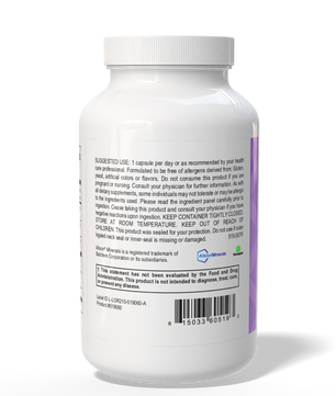 White supplement bottle with label on a white background