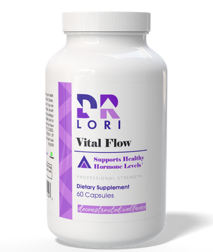 Supplement bottle labeled 'Vital Flow' by Dr. Lori on a white background