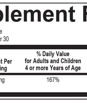 Supplement facts label with iron content on a white background